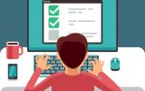 Man at computer filling online questionnaire form. Survey vector flat concept. Feedback and questionnaire online, survey and report illustration